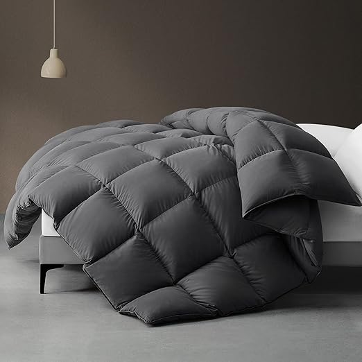 downluxe Goose Feather Down Fiber Comforter Twin Size, All Seasons Twin Duvet Insert, 3D Baffle Box Fluffy Grey Comforter Twin with Corner Tabs, 68"x90"