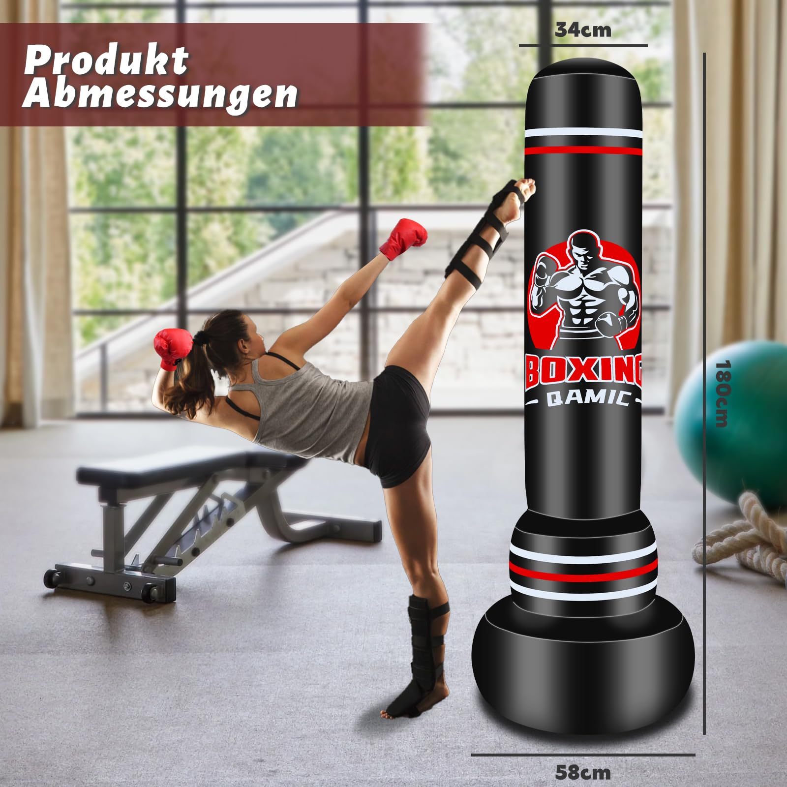 Boxsack Erwachsene, 180cm Aufblasen Schweren Boxsack mit Boxhandschuhen und Luftpumpe, 0,5 mm dickem PVC-Material Standboxsack für MMA Muay Thai Fitness Anfänger Training