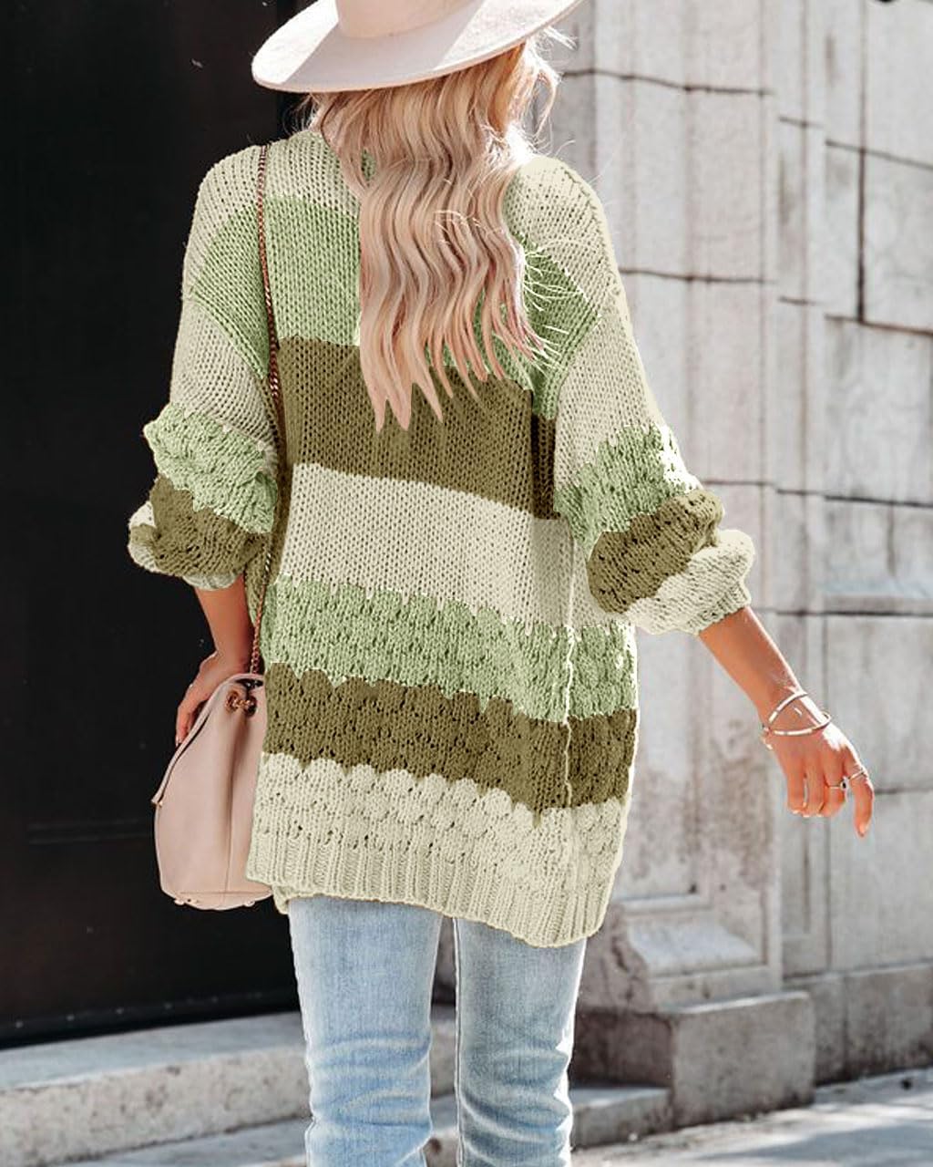 Womens Long Sleeve Color Block Cardigan Striped Open Front Chunky Knit Slouchy Sweaters Outwear Coats - Image 4