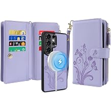 for Samsung Galaxy S26 Ultra Wallet Case,Compatible with MagSafe 2 in 1 Magnetic Detachable PU Leather Cover with RFID Blocking, Card Holder, Zipper,Wrist Strap,Floral Light Purple