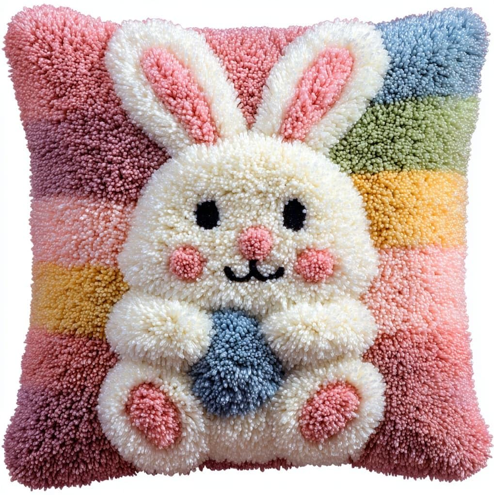 Wallustrioaw Latch Hook Cushion Kits For Adults Beginnerscute Cartoon Rabbit,Handmade Crochet Craft Kits Cushion Cover Needlework For Home Decoration,17X17in