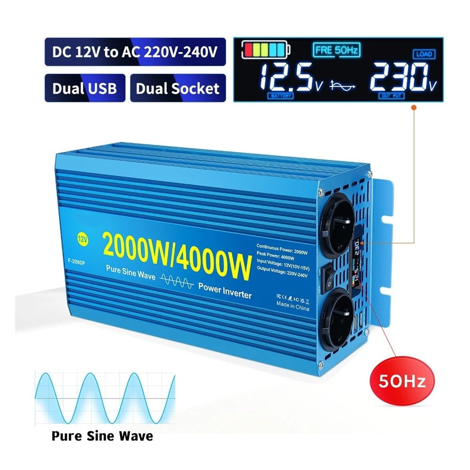 Inversor Corriente Onda Sinusoidal Pura 2 Tomas Convertidor Potencia Congelador Hervidor Ventilador Suministro Energía Eléctrica Doméstica 4000 W(12V,220V Universal,5000W Peak)