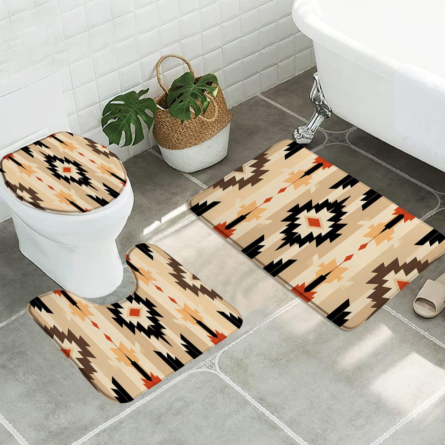 3pcs Southwestern Bathroom Sets with Non-Slip Rug,Toilet Lid Cover and Bath Mat,Native American Tribal Navajo Boho Abstract Western Aztec Geometric Mid Century Bathroom Carpet Bath Mat Toilet Rugs