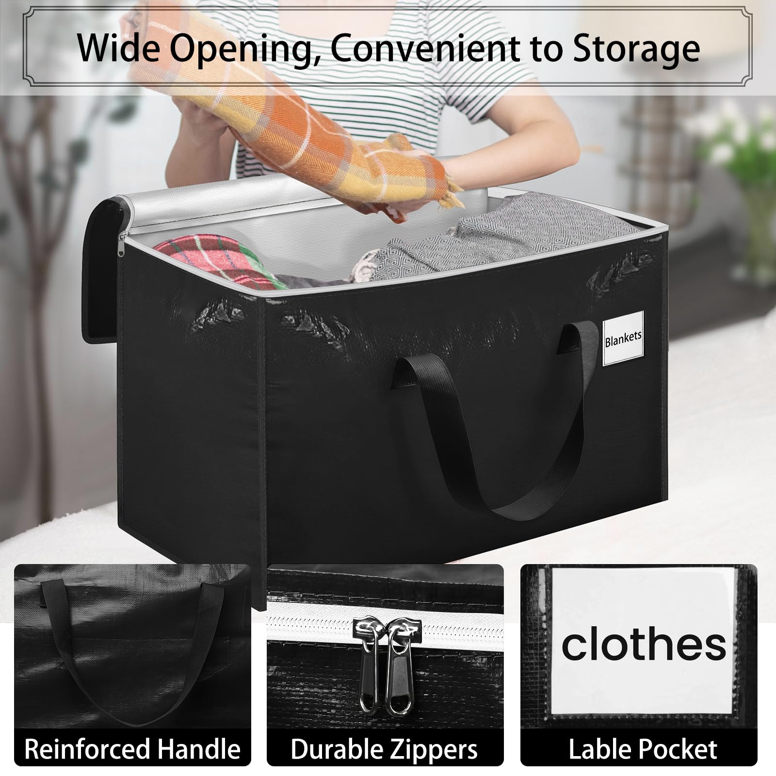 Withosent 100L Grande Bolsa de Almacenamiento, 8 Piezas Impermeable Bolsas de Mudanza con Cremallera y Asa, Bolsas para Guardar Ropa Edredones, Alternativa a las Cajas de Mudanza, Negro