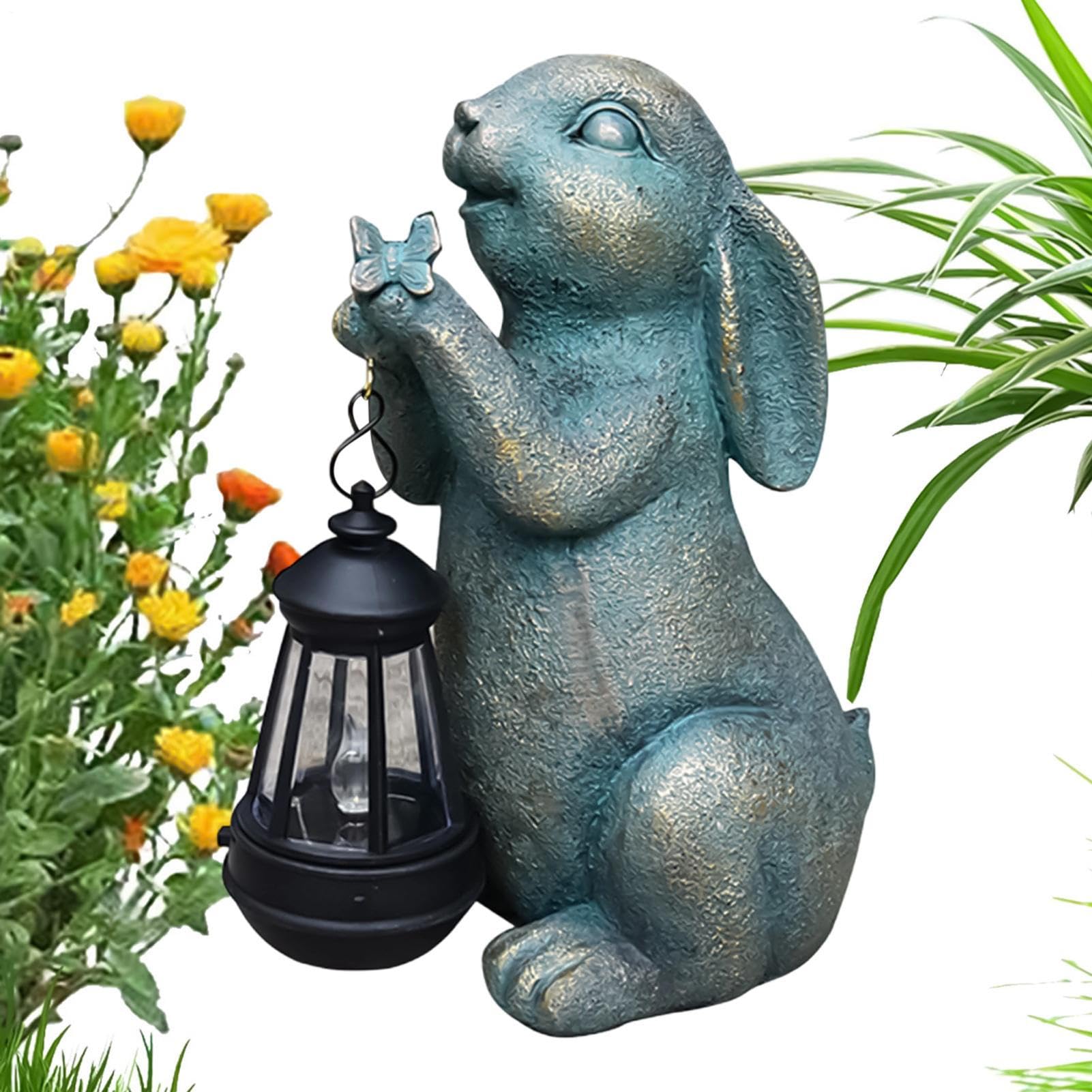 Statue de lapin pour l'extérieur avec lanterne solaire vintage pour jardin