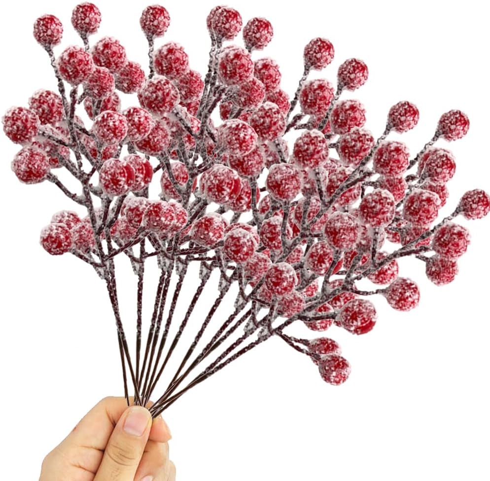 12 Packs Snow Frosted Artificial Red Berry Stems Fake Holly Berry Stems