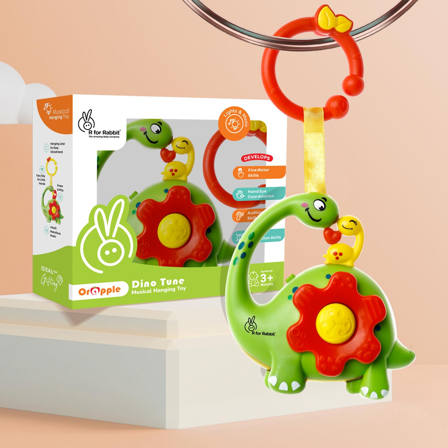 R for Rabbit Orapple Dino Tune Musical Hanging Toy for Baby with 4 Built-in Tunes, Press & Play Mode, Attachable to Stroller, Cradle & Play Gym | Motor Skill Development 3+ Months Kids (Green Red)