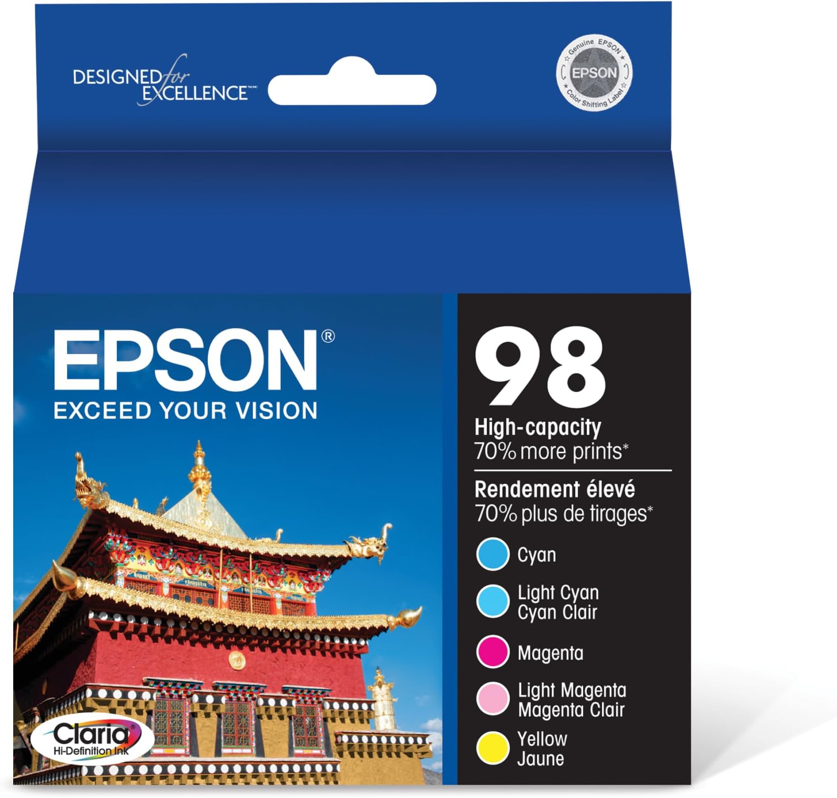 Epson 98 Claria Hi-Definition Ink High Capacity 5 Color Cartridge Combo Pack (T098920) Works with Artisan-700, 710, 725, 730, 800, 810, 835, 837