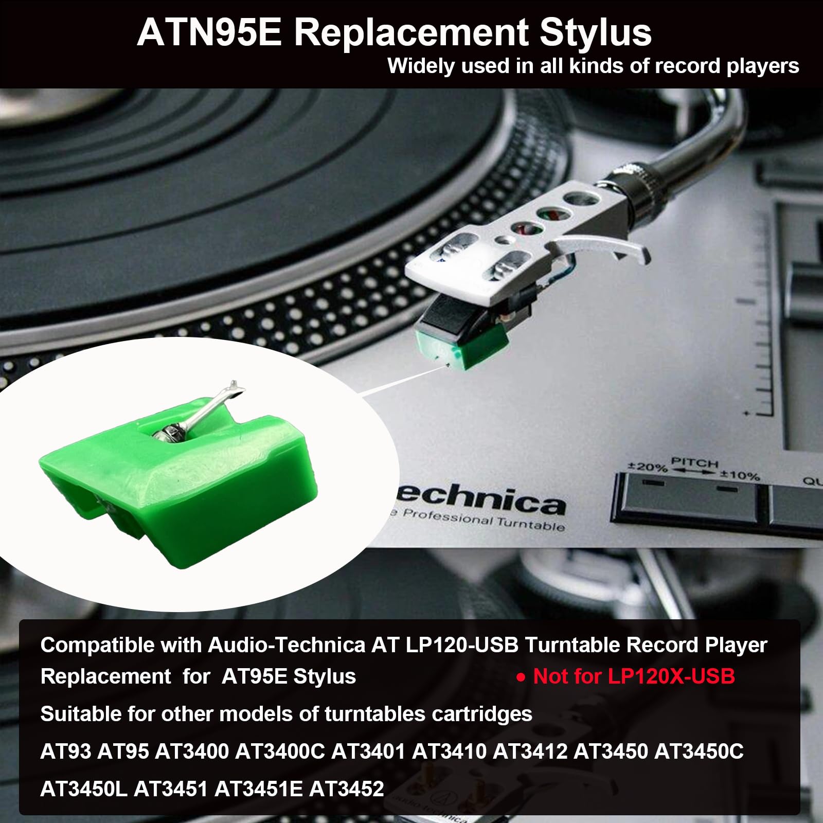 ATN95E Diamond Record Needle Replacement Stylus for AT95E AT93 AT3400 AT3450 Phono Cartridges Compatible with Audio-Technica AT-LP120-USB Turntables Record Player Not Applicable to LP120X-USB