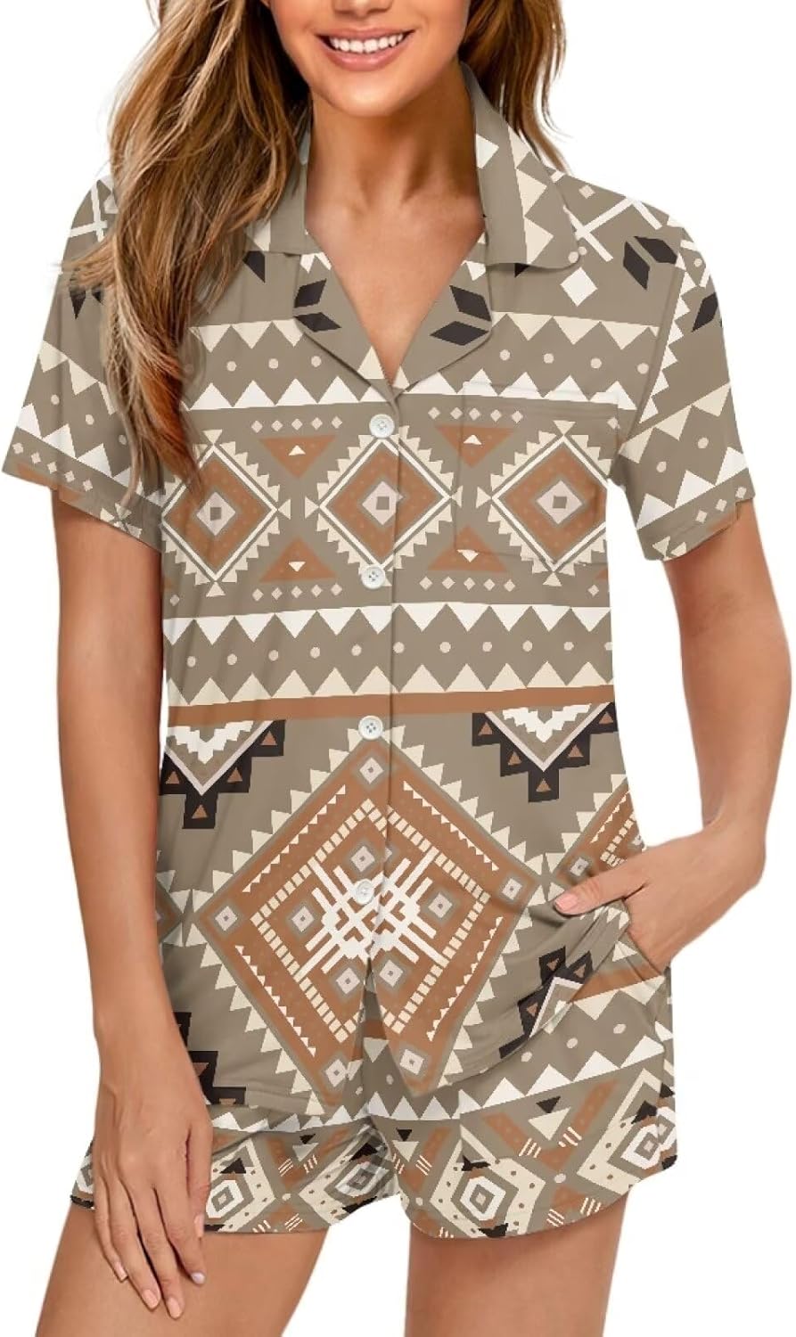 Aztec Button Up Pajamas For Women 3D Print Native American Pattern Women'S Lingerie Sleep & Lounge