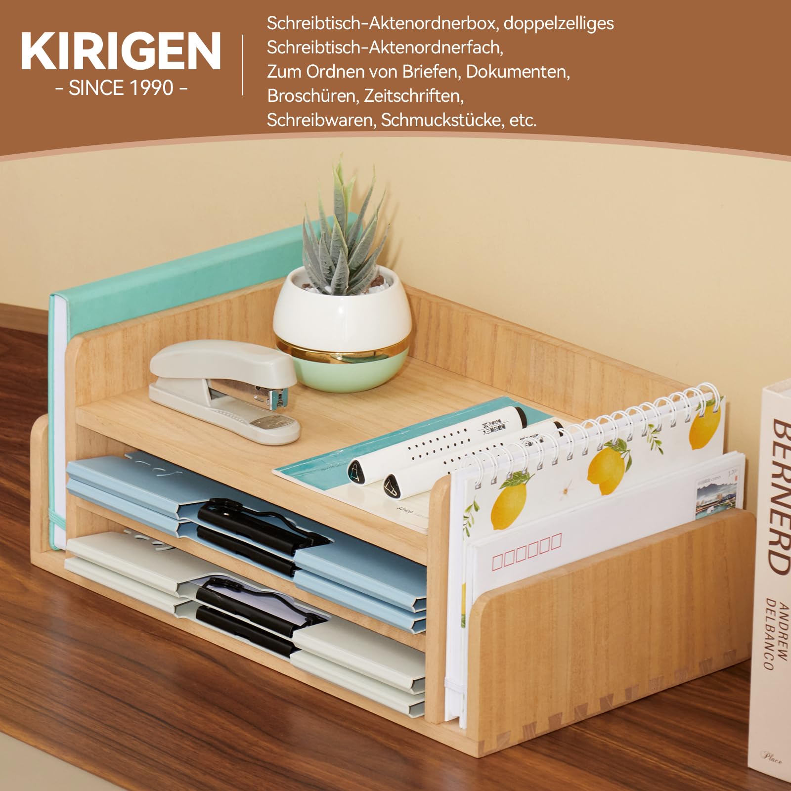 KIRIGEN Schreibtisch-Organizer, Dokumentenablage, Briefablage, Natur | 3 Ebenen, 5 Fächer; 42 × 24 × 16,5 cm; montiert; handgefertigt; Paulownia-Massivholz; Zapfenbauweise; Pflanzenöl-Finish