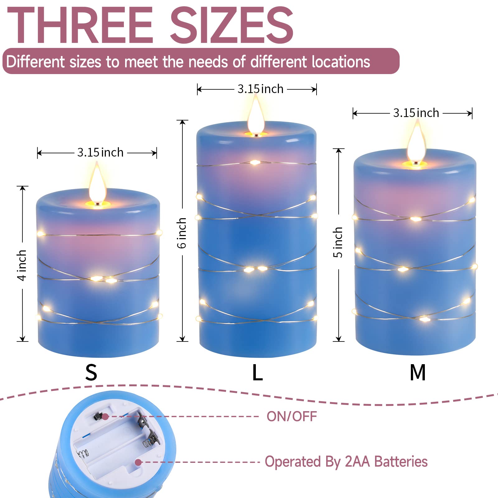 Candele LED Angolo di visione a 360 gradi, con luci stellate, 3 pezzi di candele a LED con telecomando a 10 tasti, funzione timer 24 ore, fiamma danzante, cera reale (Blu).