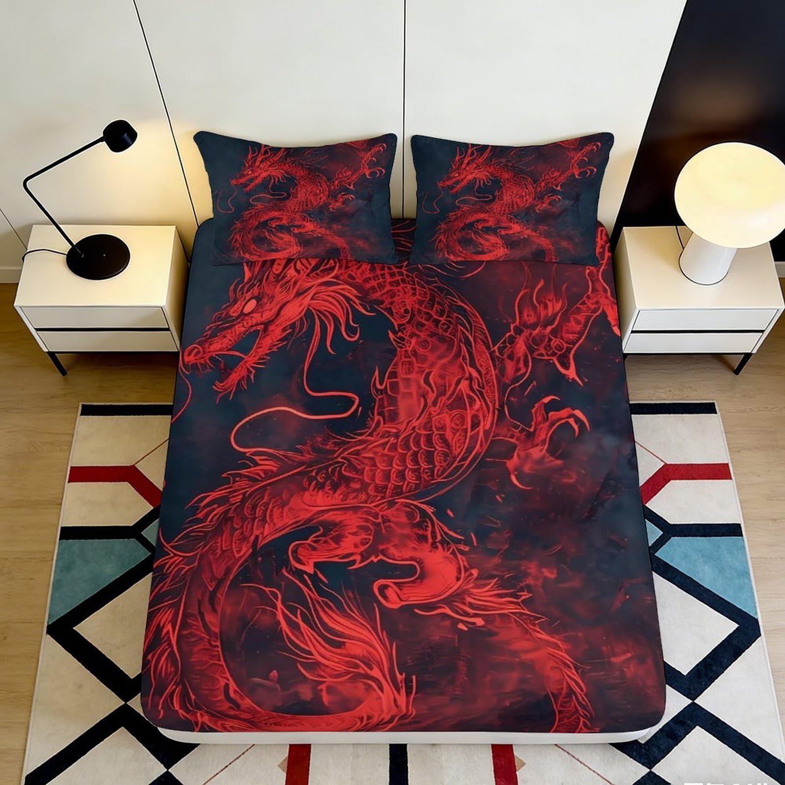 Pnayamiorkfel Style-7 3D Printed Red Dragon Fitted Sheet Microfiber Soft Breathable Oriental Art Bed Cover For Bedroom Guest Room Decor 90X200x25cm