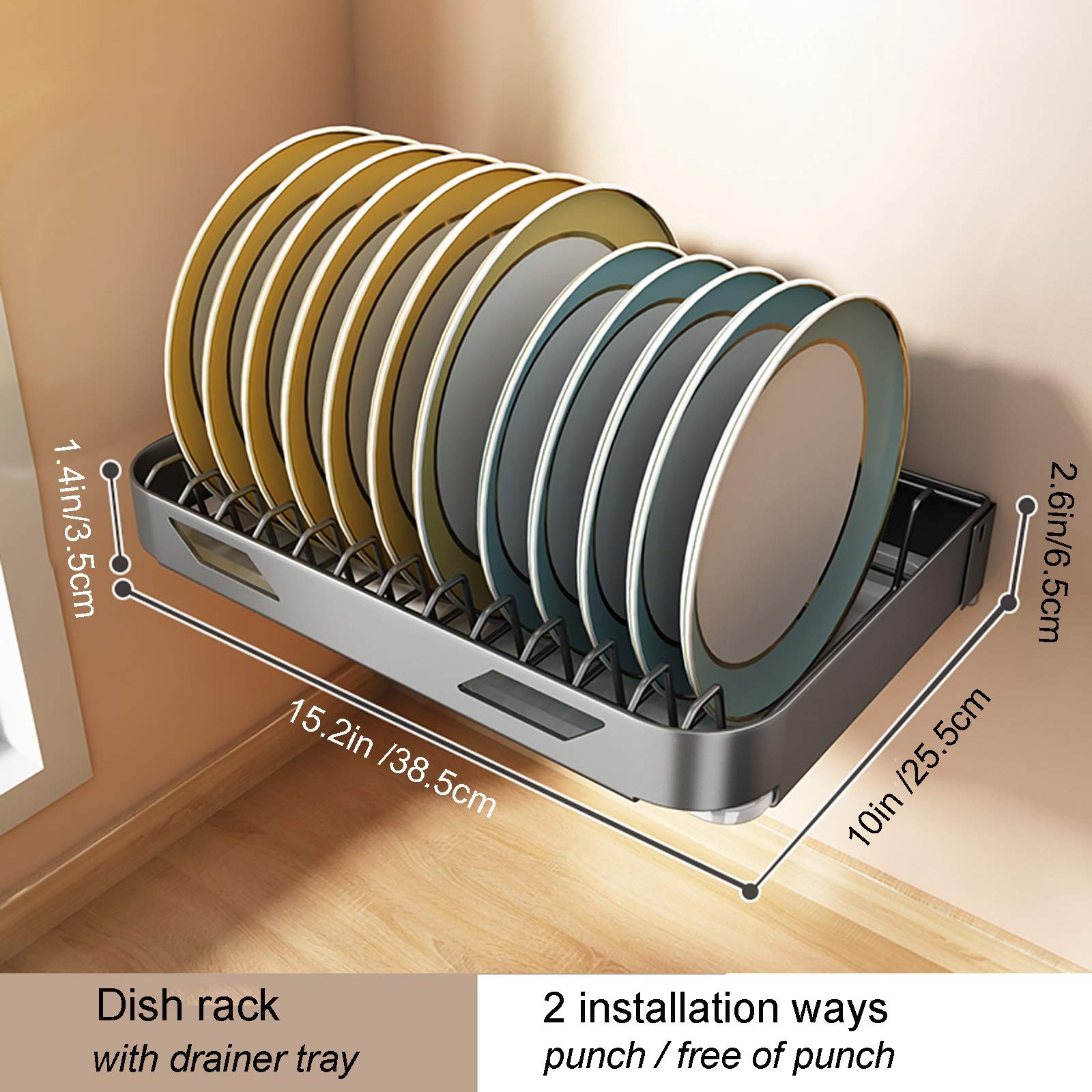 Escurridor de platos de cocina, montado en la pared con soporte para utensilios y tabla de drenaje, estante organizador de vajilla