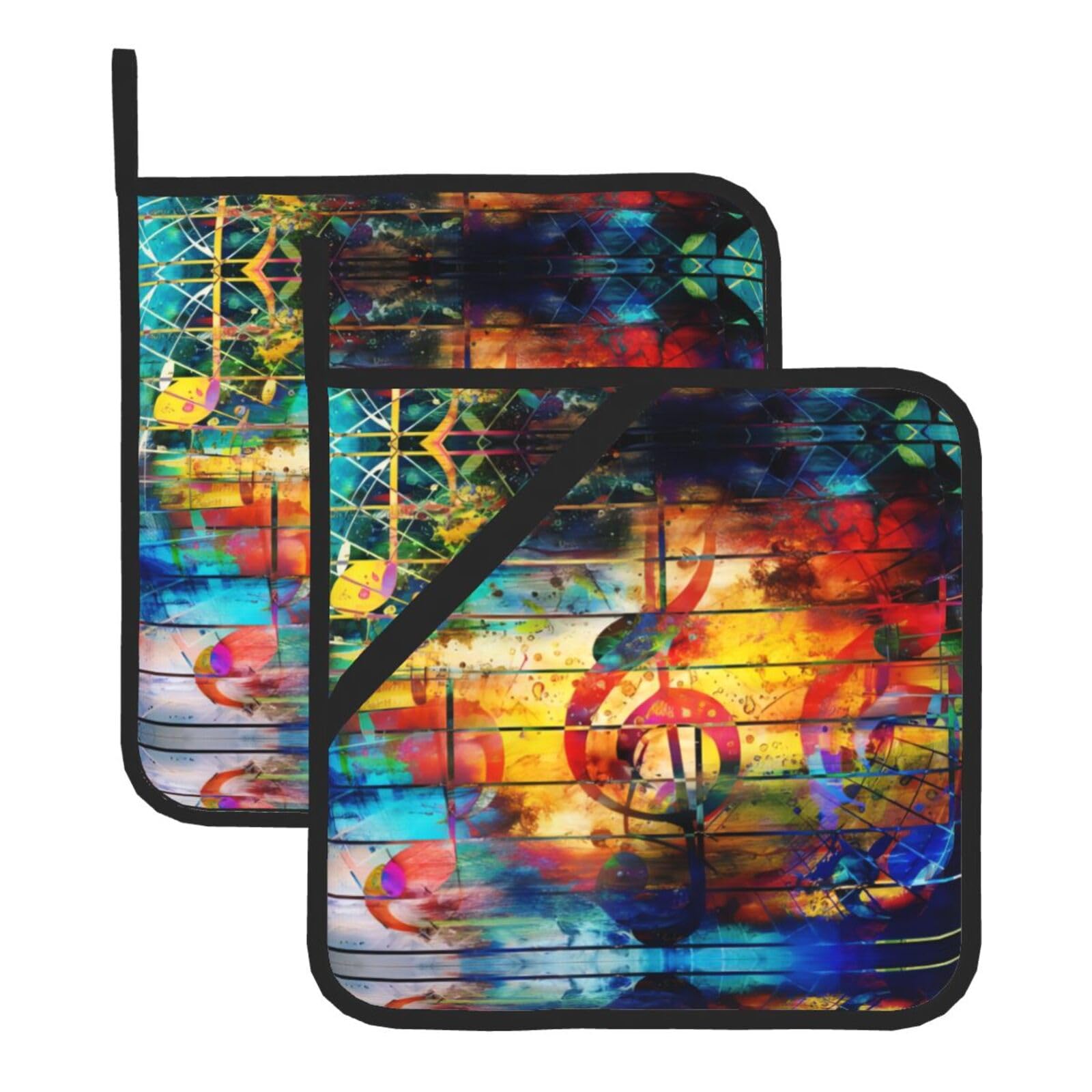 YYHWHJDE Music Note Colorful Wooden Prints Square Hot Pads for Kitchen Counter - Waterproof Pot Holders with Hanging Loop, Durable Trivets for Microwave Oven - 2 Pack
