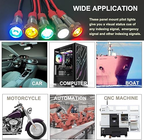Miniatura 5 de 5pcs 12V-24V ahorro de energía LED luz indicadora agujero de montaje 0.315 in (13") 20mA impermeable ancho cabeza plana lámpara piloto tablero