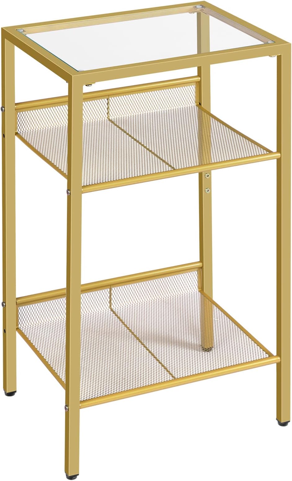 HOOBRO Gold Side Table, Tall Telephone End Table with Mesh Shelves, 3-Tier Nightstand with Tempered Glass Tabletop, for Living Room, Bedroom, Gold GD04DH01