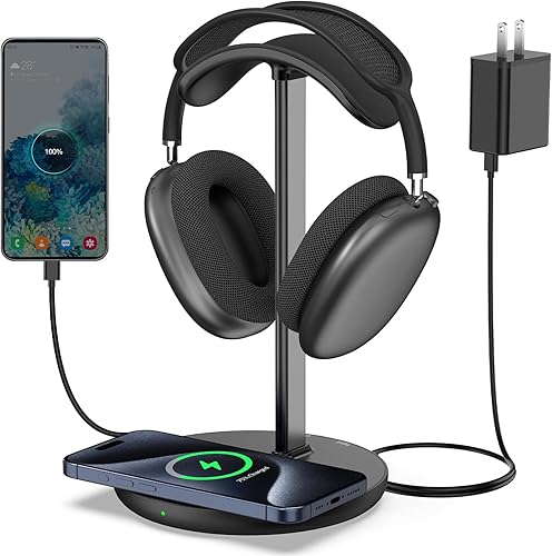 Miroddi Soporte para auriculares, soporte para auriculares con cargador inalámbrico, soporte para auriculares de escritorio para juegos con puertos