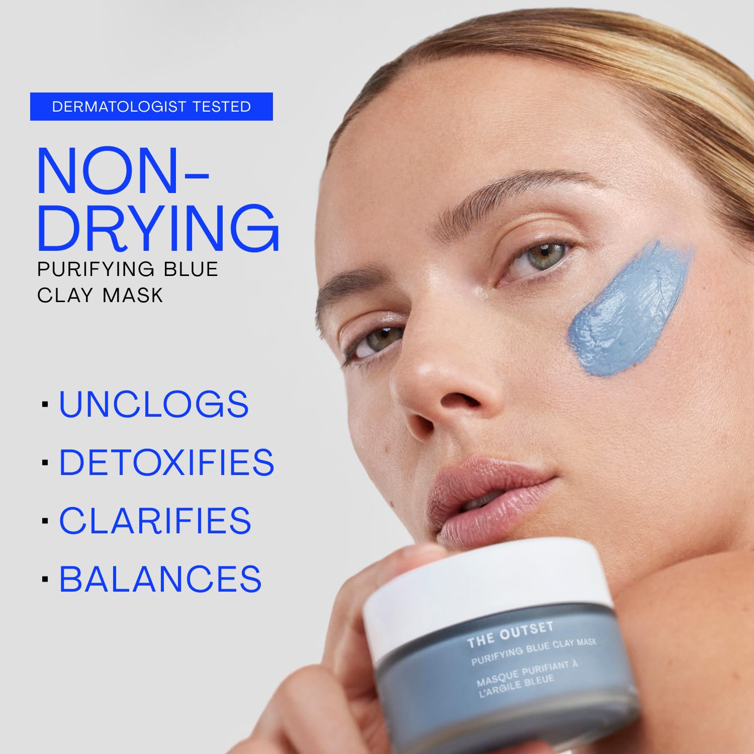 The Outset Mascarilla purificadora de arcilla azul, suave, sin fragancia, desintoxicante, sin secado, hidratante, aclarante para puntos negros y poros, limpia, vegana, sin gluten, para todo tipo de