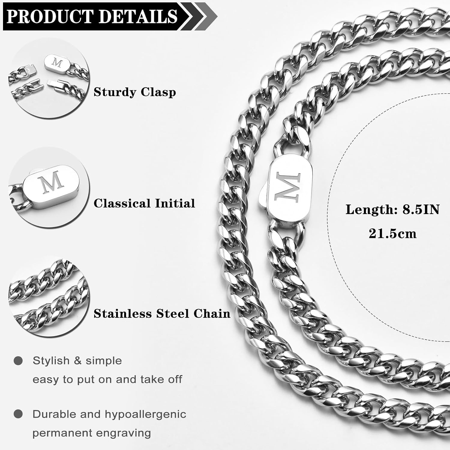 Hisatan Initial Bracelets for Men, 2 Pcs A-Z Letter Bracelet Silver Mens Bracelet with Initial, Stainless Steel Stylish Non Tarnish Cuban Link Bracelet for Men Jewelry Gifts