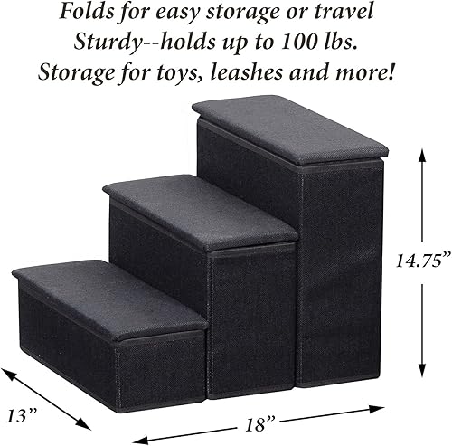 Miniatura 2 de Etna Escaleras plegables para mascotas de 3 escalones con almacenamiento, para perros, gatos, tapizados de tela, tapizados y acolchados, color negro