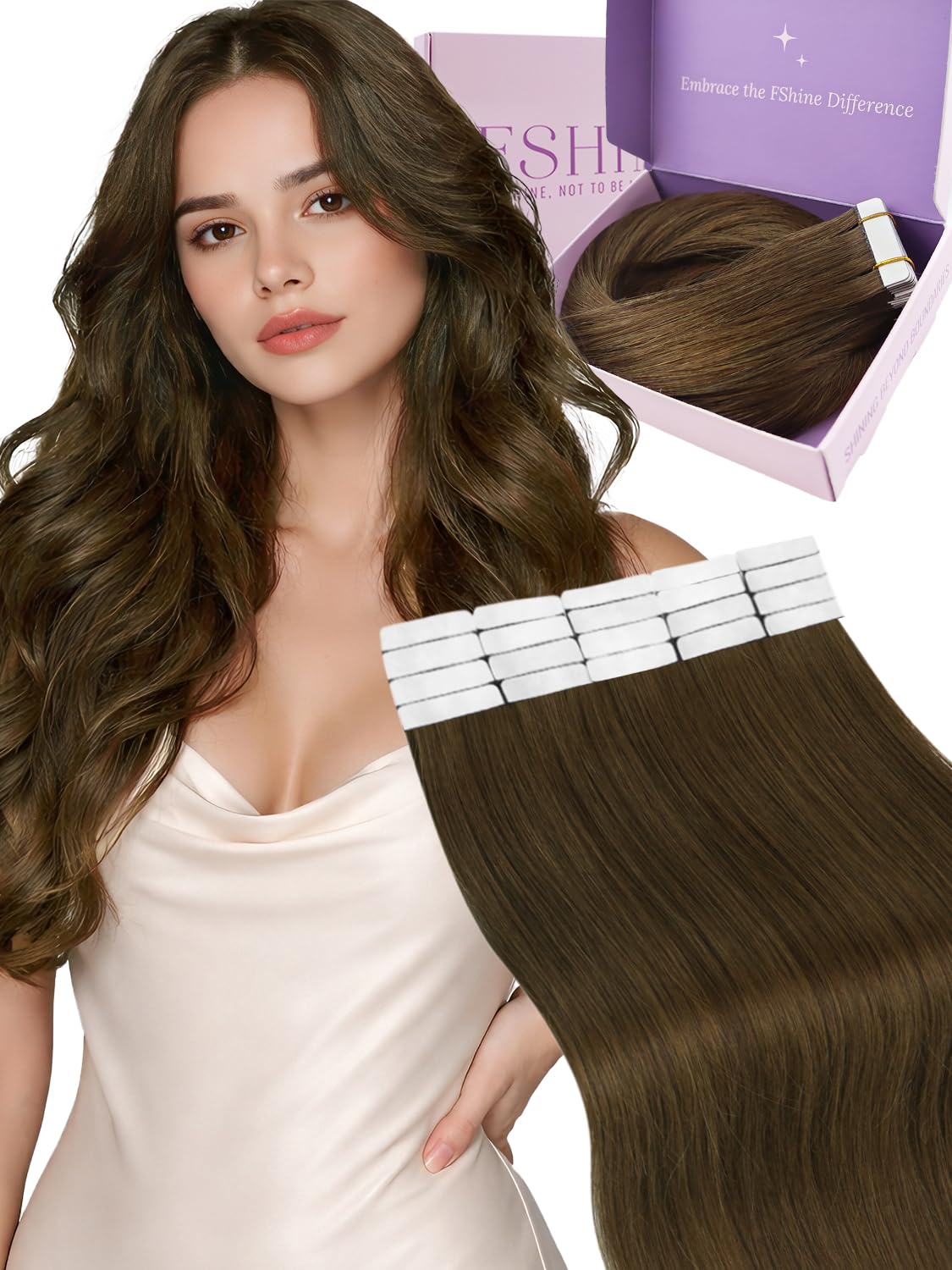 Fshine Extensiones Adhesivas Pelo Natural 20 Pulgadas 50g Cabello Humano Marrón Claro Balayage Rubio Y Marrón Claro Cinta 20Pcs Liso Color 6 60 6 — view 31