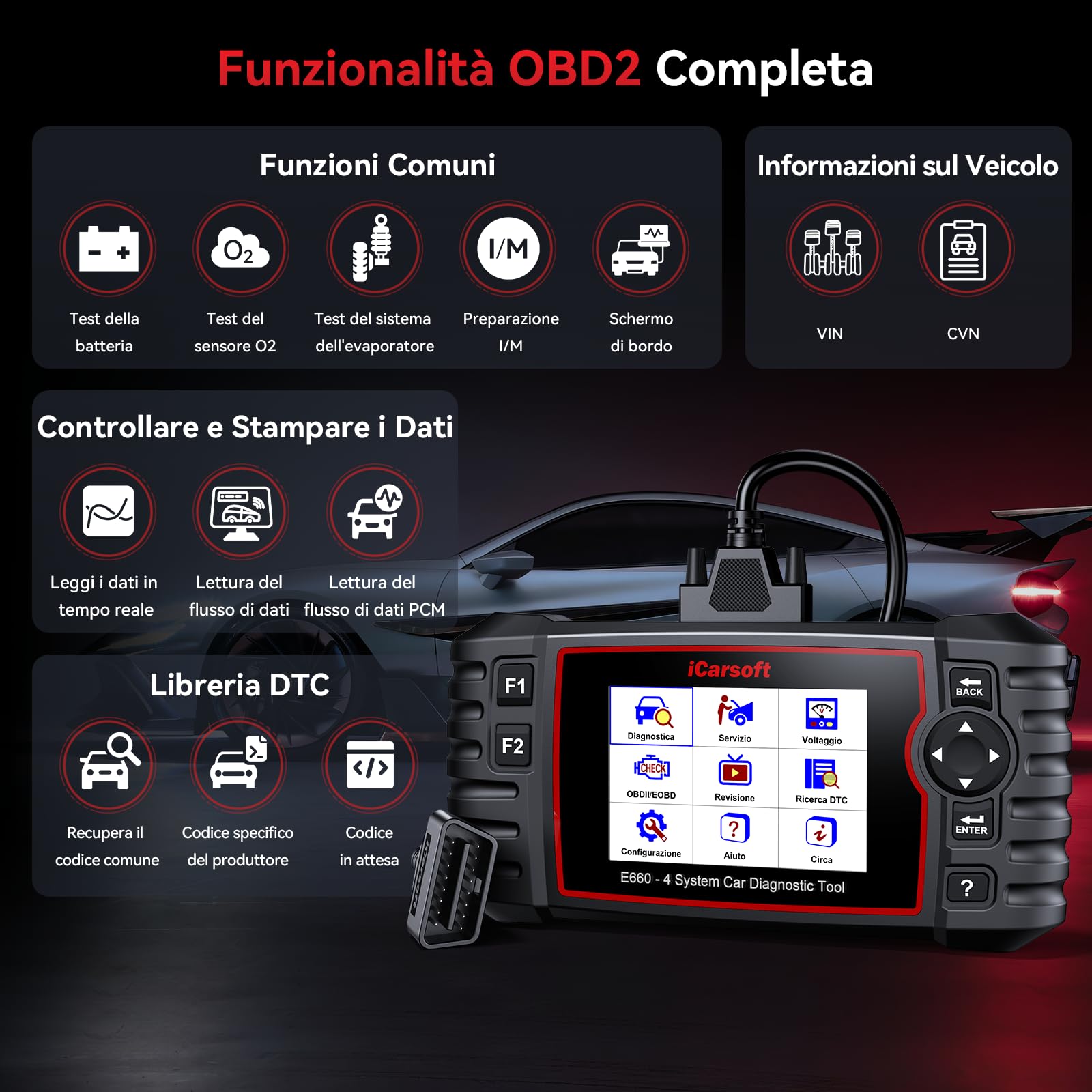 iCarsoft E660 OBD2 Auto Diagnostica, Diagnosi Auto Professionale in Italiano, Sistema Motore/ABS/SRS/Trasmissione, 6 Funzioni di Ripristino, Reset Olio/EPB/BMS/ETC/SAS/TPMS, Aggiornamento a Vita