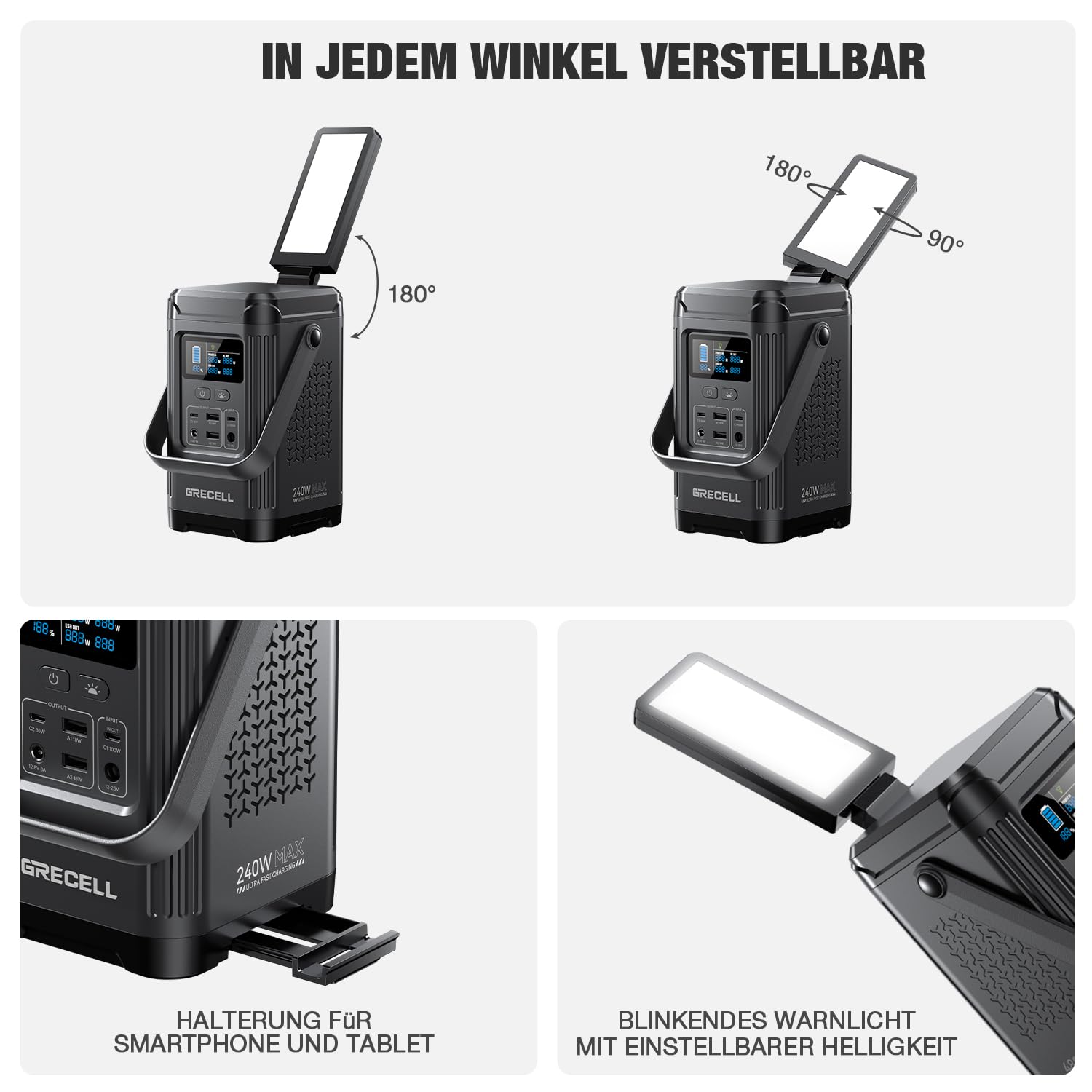 GRECELL Powerstation 240W,153Wh Solareingang und Ständer | LiFePO4-Akku mit bidirektionalem 100W USB-C PD,mobile Energie für Reisen, Camping und Notstrom