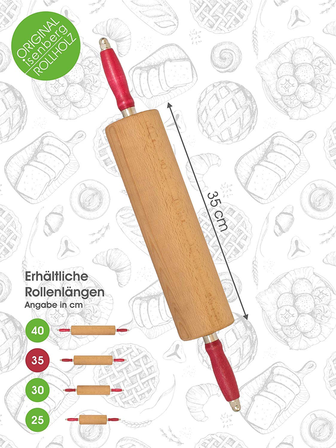 Teigroller Rollholz Wellholz mit Edelstahlkugellager Buche Walzenlängen 35 cm Isenberg