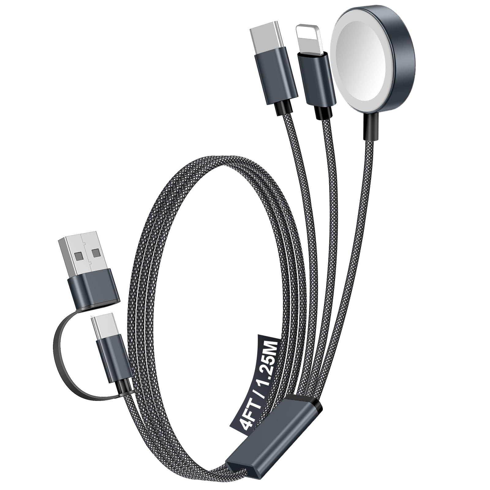 Photo 1 of 1Pack Multi Charging Cable Cord for Travel Essentials,Apple Watch Charger,iPhone Charger,[3-in-2] Type C/L Cable Portable Designed for iWatch,iPhone 17-8,Galaxy S25-21,AirPods,iPad-4FT Black