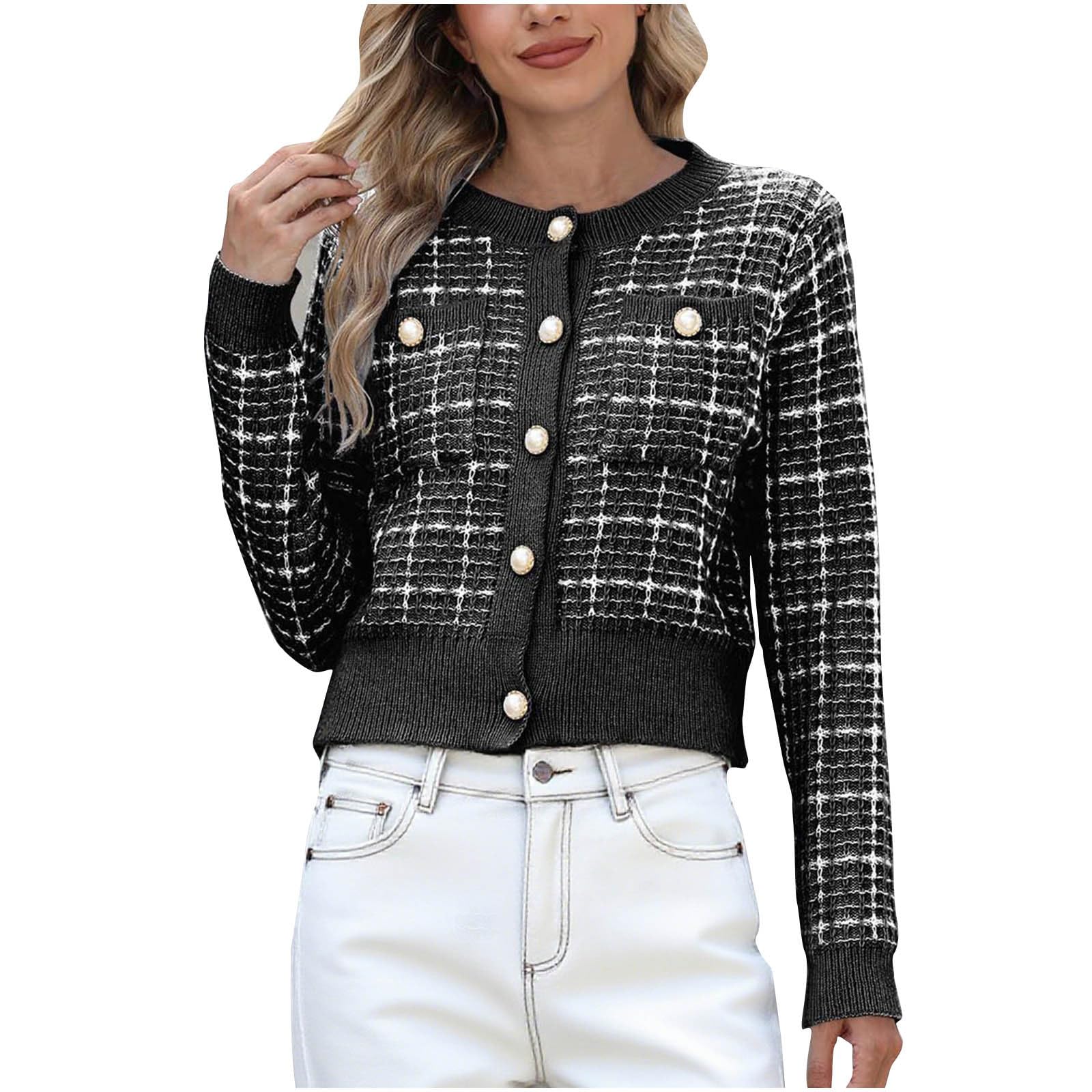 Womens Crew Neck Cropped Cardigan Sweaters Long Sleeve Open Front Button Down Shrug Sweater Jackets with Pockets