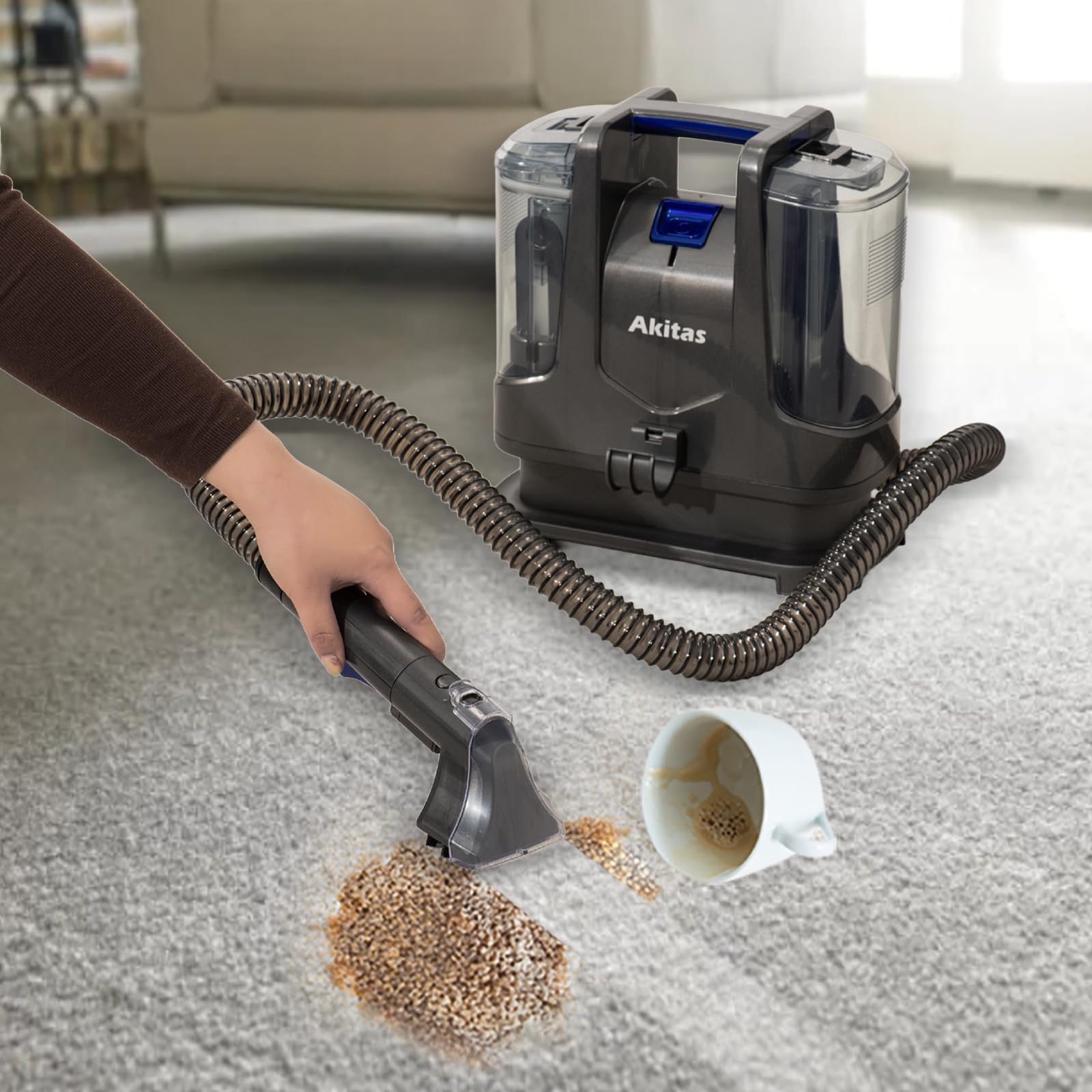Akitas X6 Lavatappeti Portatile, Pulitore Macchie e Tappezzeria, per Divano, Tappeti, Auto, Scale e Animali Domestici, 400W, 70dB, Compatto, Grigio