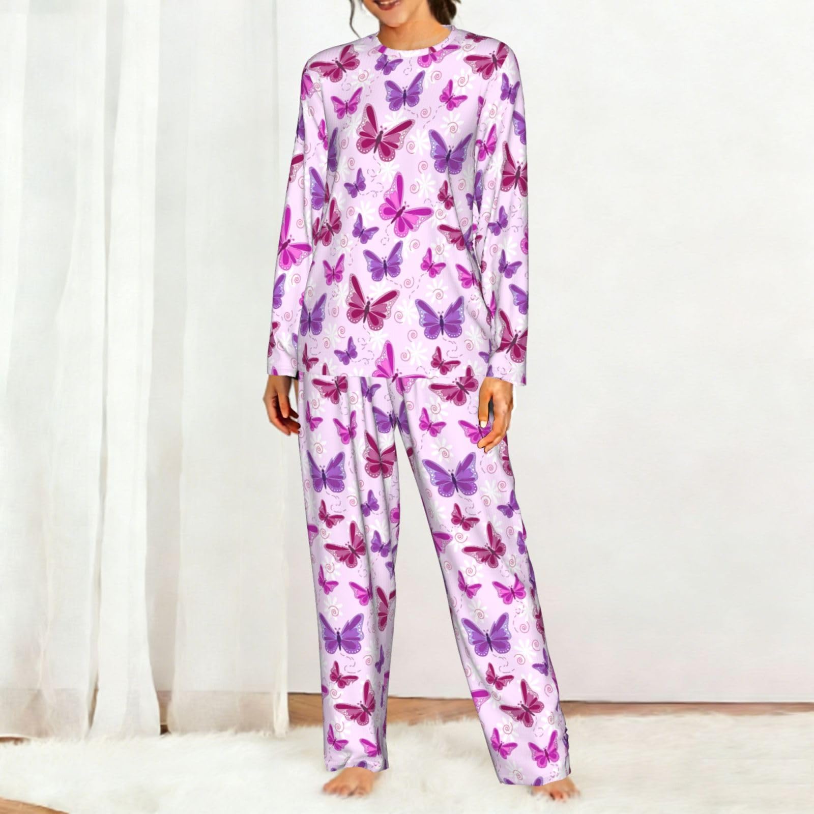 Pigiama da donna a maniche lunghe con stampa a farfalla rosa per vacanze, yoga, uscite casual, comodo regalo