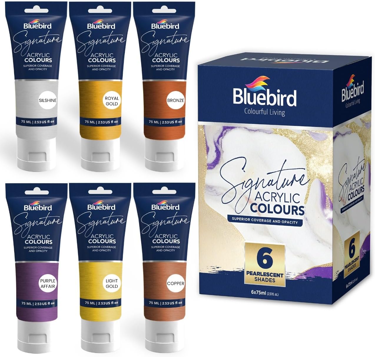 BLUEBIRD Signature Acrylic Paint Set, Pearlescent Colors, 6-Pack 75ML each, Professional Acrylic Paints For Professionals, Adults, & Artists