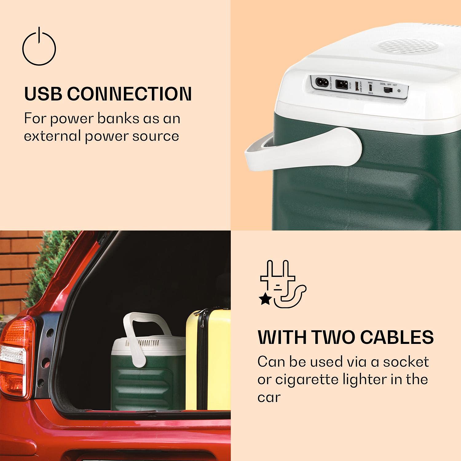 Klarstein BeerBelly 21 elektryczna lodówka - 21 l, 3 połączenia: 230 V, 12 V złącze do zapalniczki i połączenia USB, przenośna, funkcja chłodzenia i ogrzewania, samochód, ciężarówka, kemping, gniazdko, niebieski