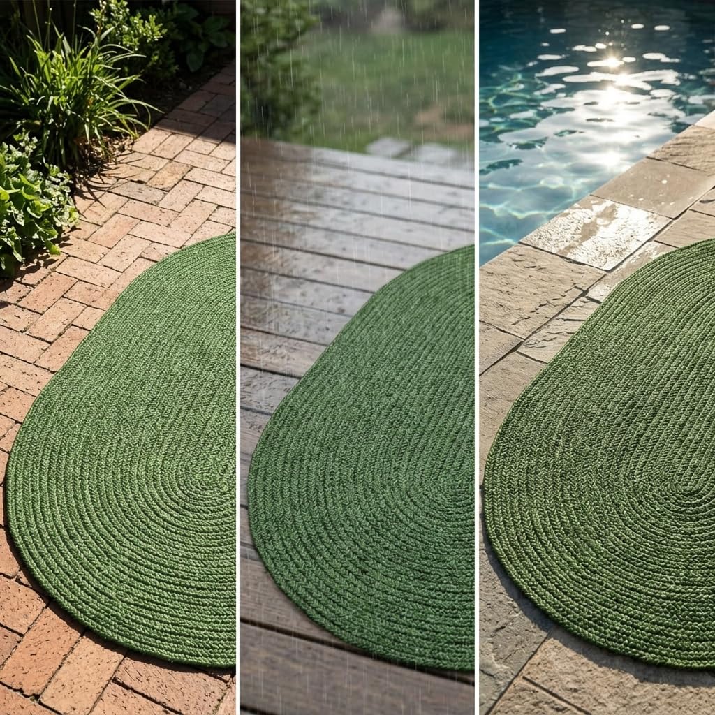 Tappeto da Esterno Ovale Verde, Resistente ai Raggi e Lavabile, per Balcone, Terrazza e Giardino, 120x180CM
