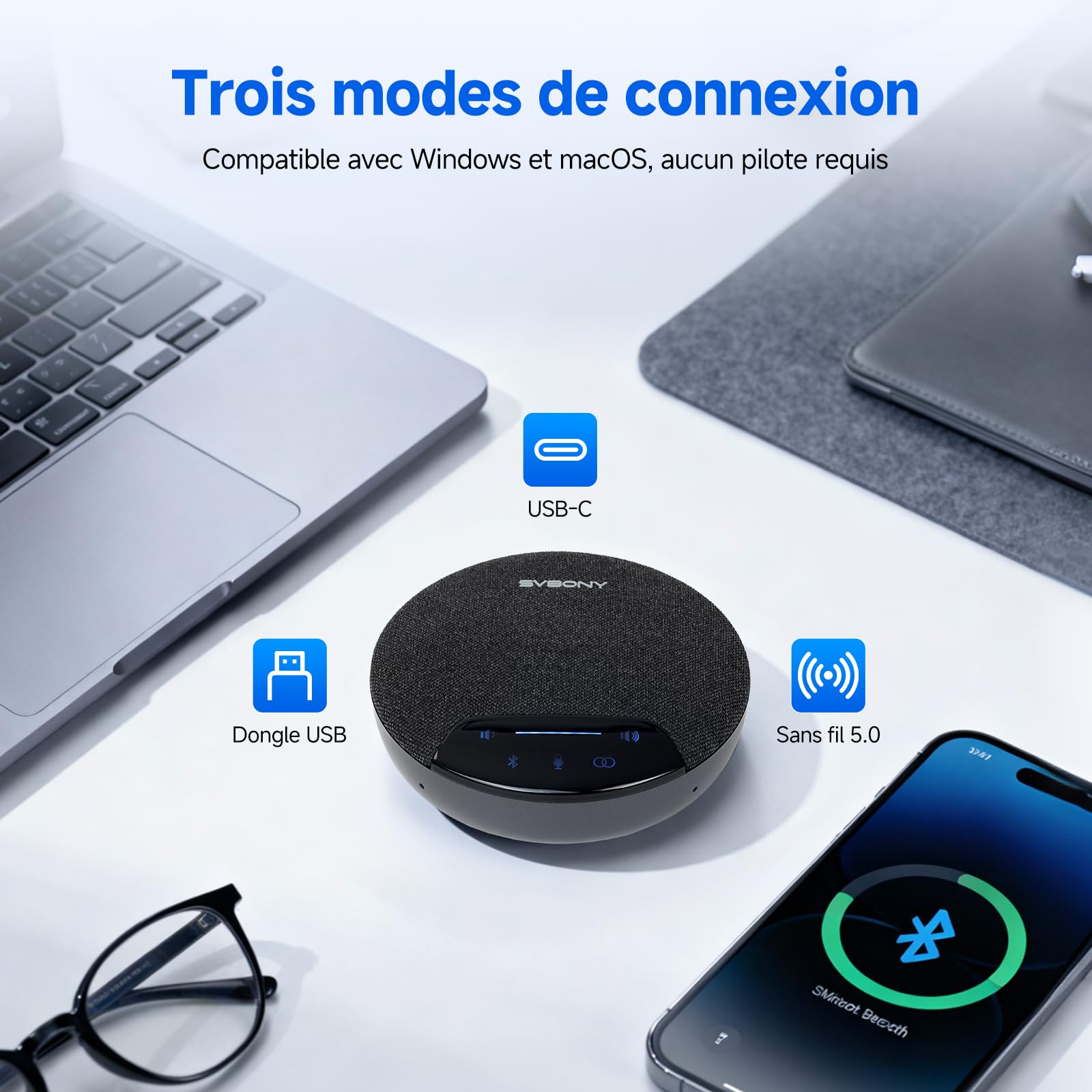 SVBONY O1 Micro de Conférence(2 Pack) pour 10-20 Personnes | Réduction Bruit 3A+IA 8 Micros, 10m, Capture 360°, Liaison Stabilisée UHF, avec Type-C&Dongle pour Grande salle de conférence