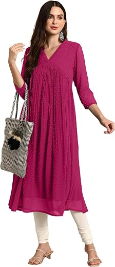 Janasya Women's Dobby Chiffon Self Design Flared Kurta