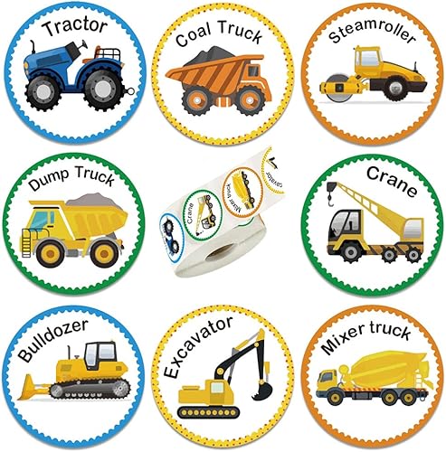 500 calcomanías de camión de construcción para niños, rollo de vehículos de 1.5 pulgadas, autos, camiones, excavadoras, tractores, calcomanías de