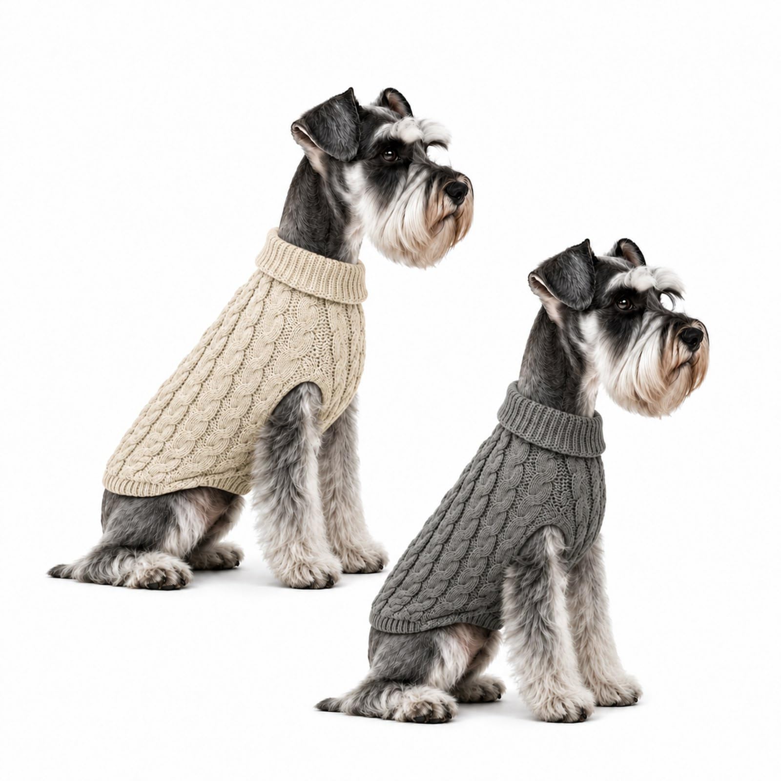 NWDEY 2 Pack Dog Jumpers Knitted Turtleneck, Warm Winter Dachshund & Small Dog Jumper, Soft Cozy Puppy Clothes Twist Striped Vest for Dogs Cats (Grey+Khaki, 14(Chest:11.02″~11.81″))