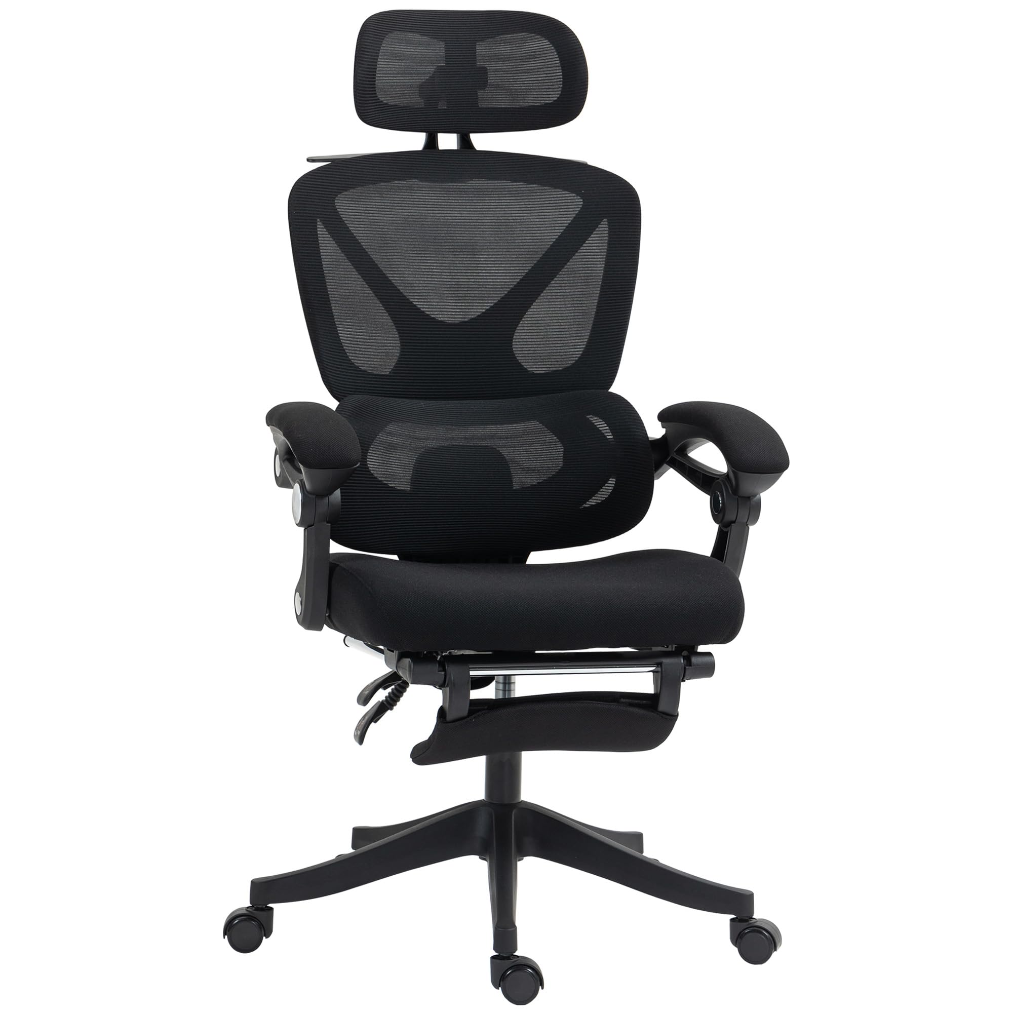 HOMCOM Silla de Escritorio de Malla Silla de Oficina Reclinable con Reposacabezas Soporte Lumbar Reposapiés y Altura Regulable Función de Basculante Carga 135 kg Negro