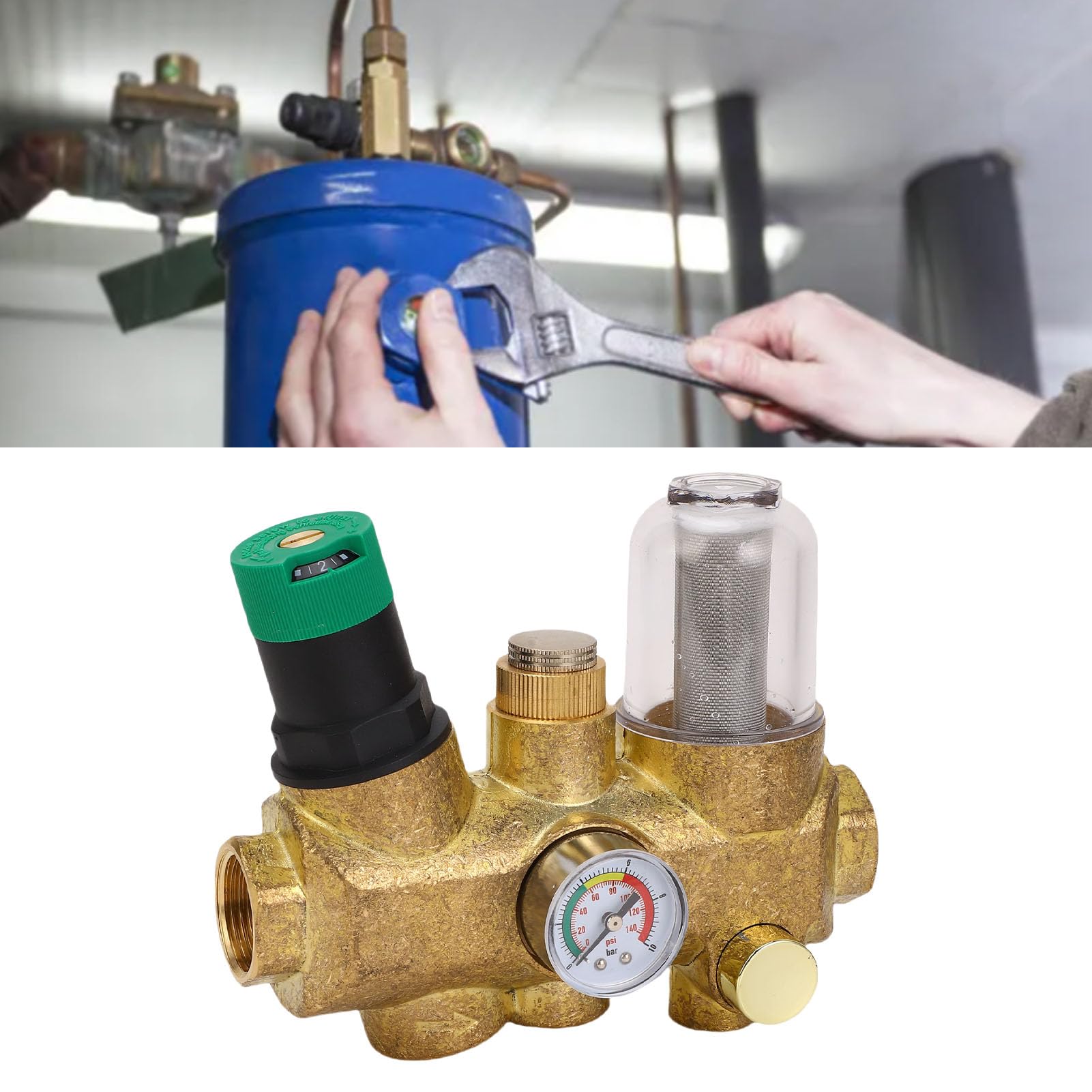 Válvula Reductora de Presión de Latón, Regulador de Presión de Agua con Filtro y Manómetro de Acero Inoxidable, Perilla de Ajuste Manual para de Agua Doméstico (1/2 pulgada (DN15))