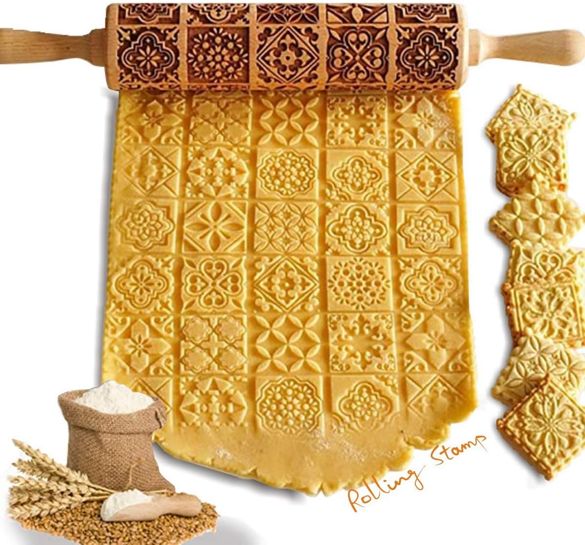 Cookie Stamp Roller Press Biscuit Maker Wooden with Vintage and Traditional Pattern Kitchen Tools Making Funny Food for Kids(Vintage pattern)