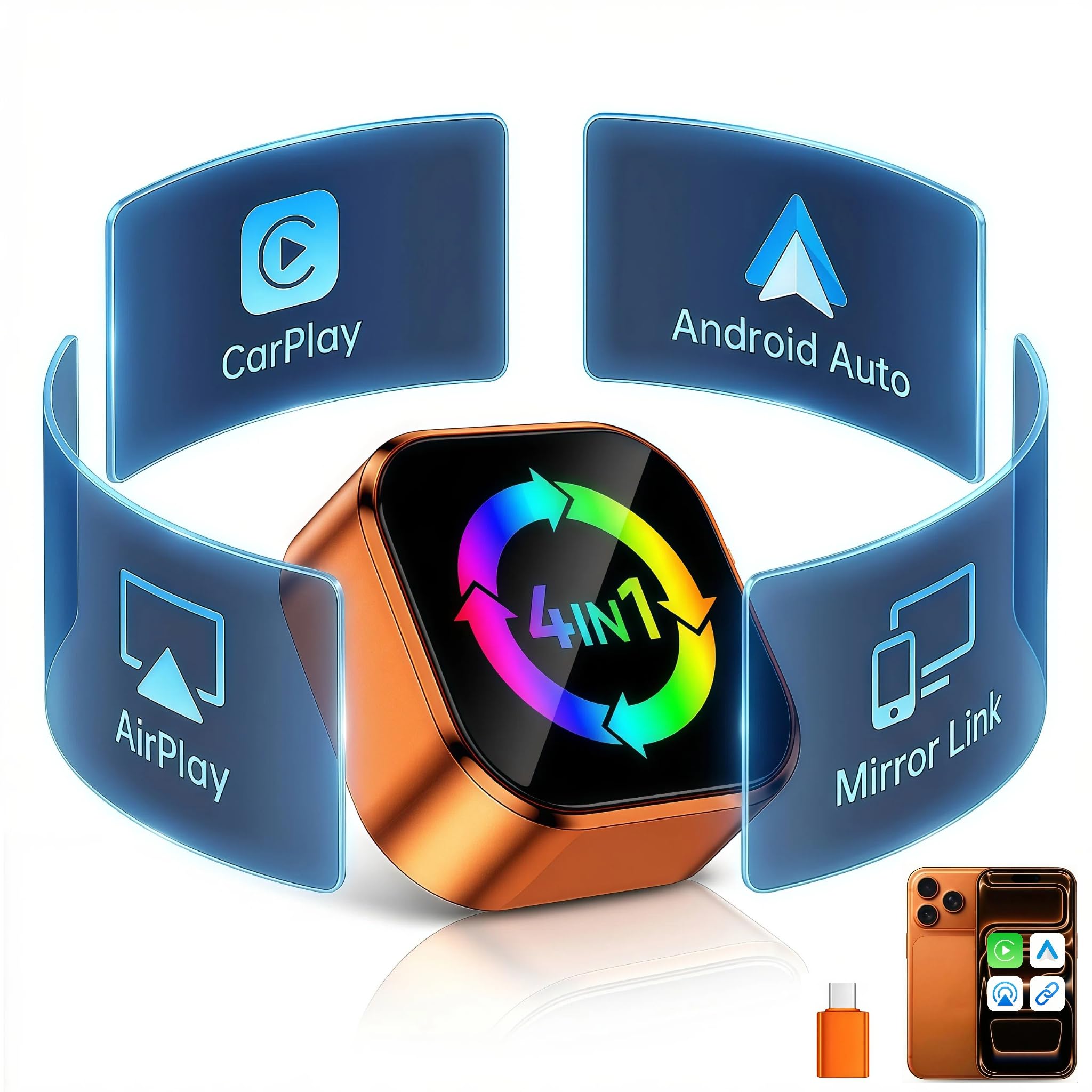 Photo 1 of zchwisv 4-in-1 Wireless CarPlay Adapter with Screen Mirroring, Watch Netflix/YouTube in Car, Android Auto AirPlay Mirror Link, Plug & Play No App, Compatible with 800+ Cars iPhone Android