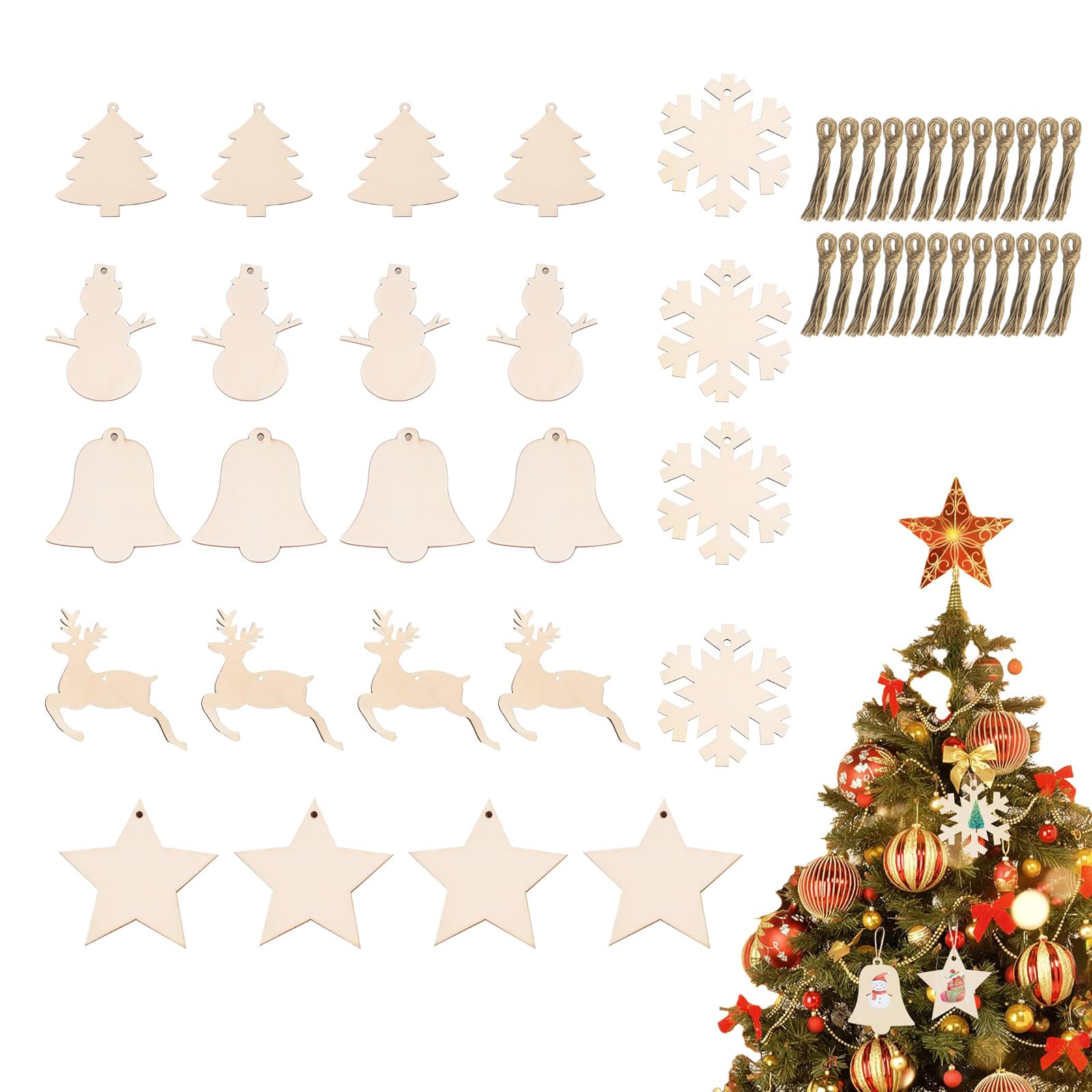 JCUGSBS 24 Piezas Colgantes de Madera Navidad,Adornos de Navidad Madera con Cuerda Yute,Árbol Cabeza Redonda,Alce,Copo de Nieve, Estrella Cinco Puntas,Calcetines,Muñeco Nieve,para Decoración Navideña