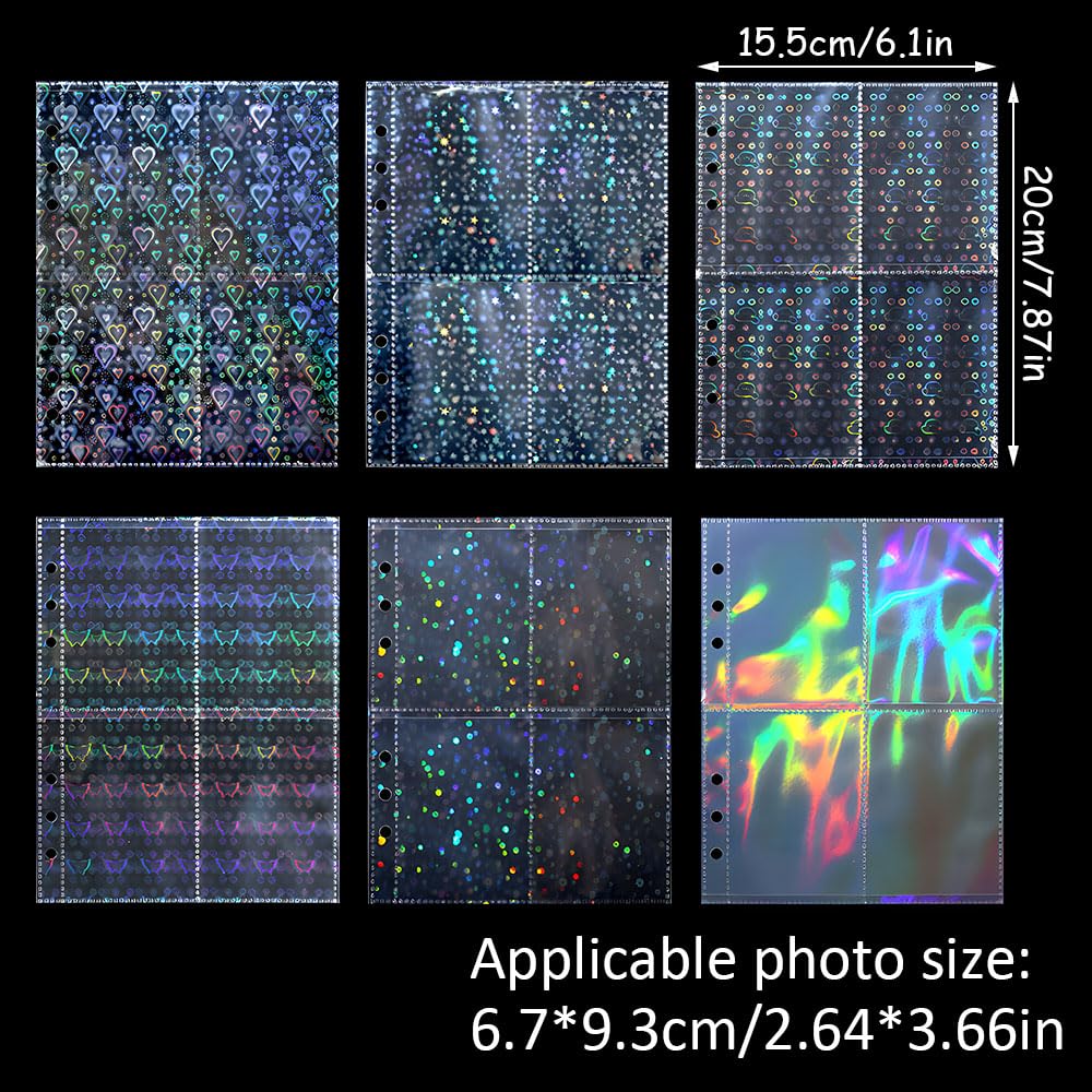 12 fogli A5 buste per raccoglitori di carte con 8 tasche, 6 tasche per raccoglitori di carte a 6 anelli, maniche double-face per fotocard laser, stelle, fiori, cuore, pagine per album fotografici