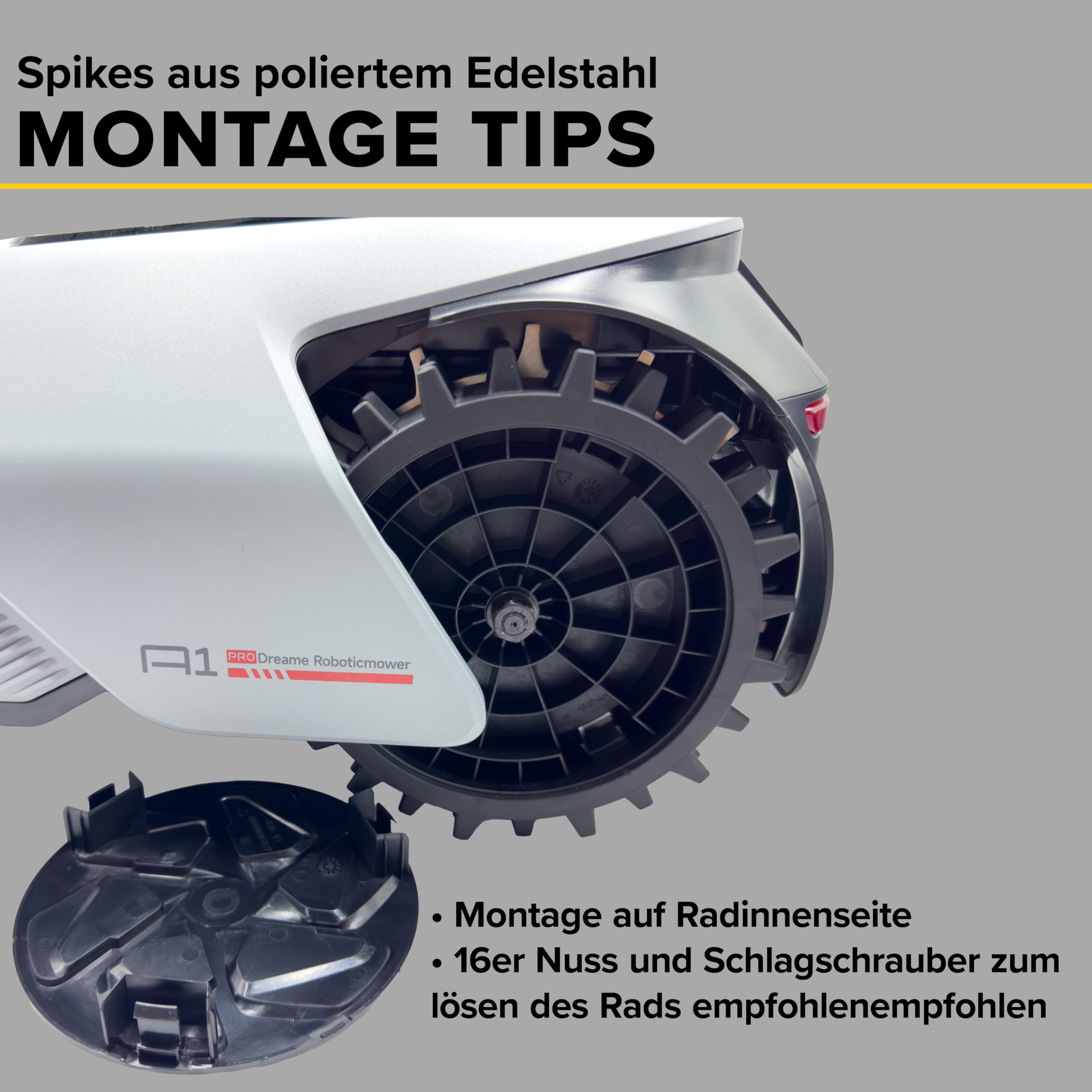 Edelstahl Spikes für Mähroboter Mova 600, ViAX 250, ViAX 300 – Traktionsspikes für Antriebsräder – inkl. 6x Montageschrauben – Rostfrei & langlebig – Zubehör Mähroboter