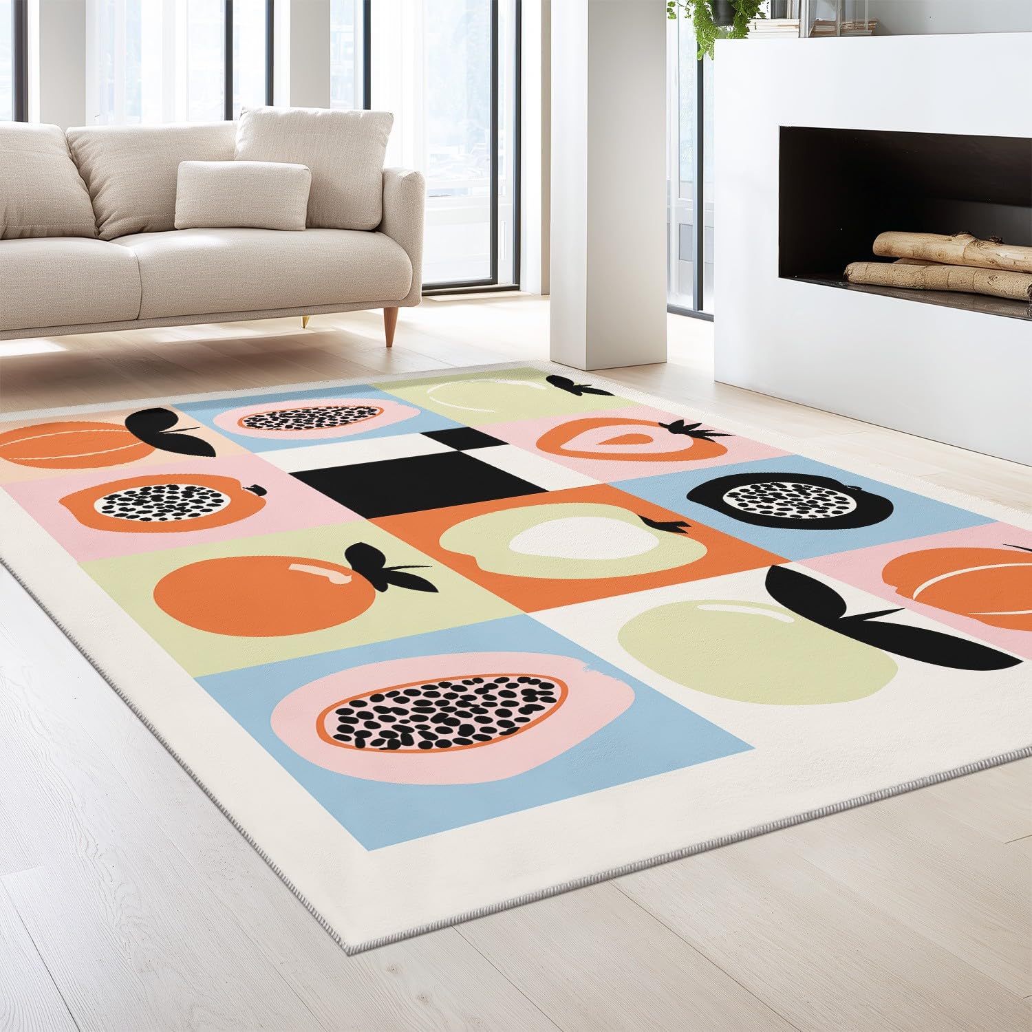 Generisch Alfombra moderna y animada, diseño de frutas a cuadros, 160 x 230 cm, antideslizante, sin pelusas, multicolor, para dormitorio, lavable a máquina