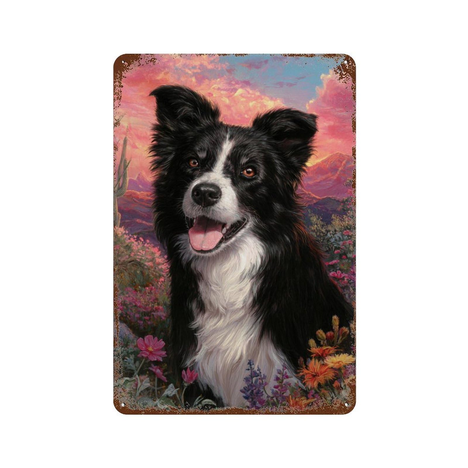 Border Collie in Flowers 11.8"x7.9" Weathered Tin Sign, Shabby Chic Decor for Farmhouse, Kitchen And Entryway Decor