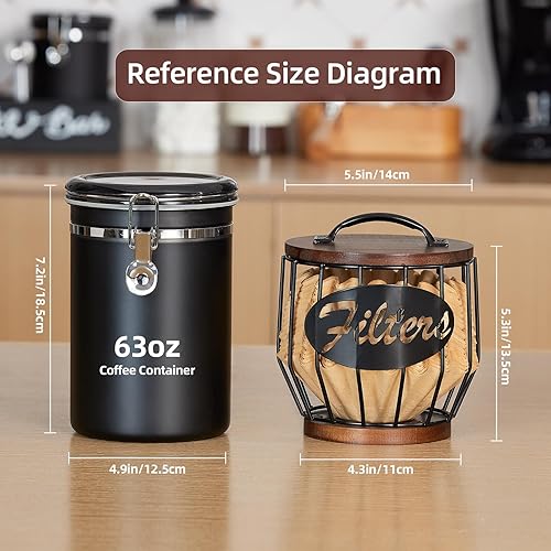 Miniatura 3 de Yangbaga Soporte para filtro de café con tapa de madera, cesta de almacenamiento de filtro de café de madera y metal para filtros de café de 2 a 4